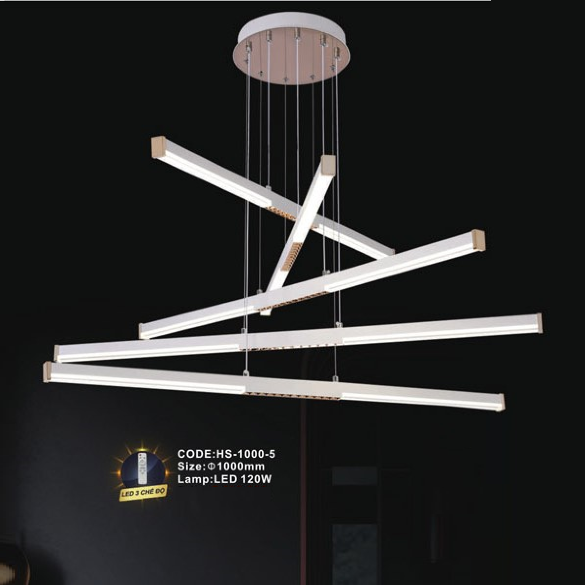 CODE: HS - 1000 - 5: Đèn thả  5 thanh LED - KT: Ø1000mm - Đèn LED 120W ánh sáng đổi 3 màu
