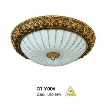 HF - OT  Y006: Đèn ốp trần LED chao thủy tinh - KT: Ø380mm - Đèn LED 36W đổi 3 màu