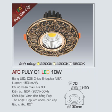AFC PULY 01 10W: Đèn LED âm trần 10W, 1 chế độ ánh sáng (vàng/trung tính/trắng)