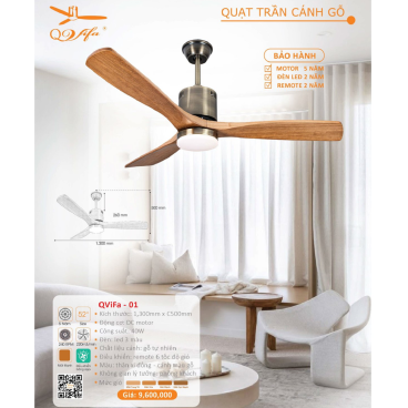 QVifa-01: Quạt trần đèn 3 cánh gỗ