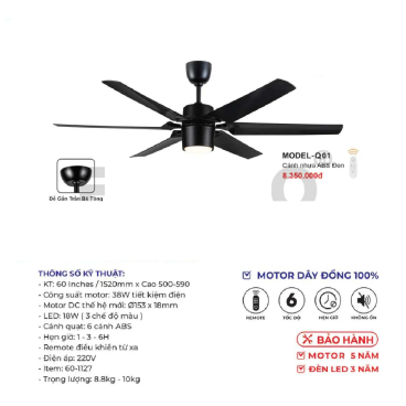 MODEL - Q.01: Quạt trần đèn 6 cánh nhựa ABS