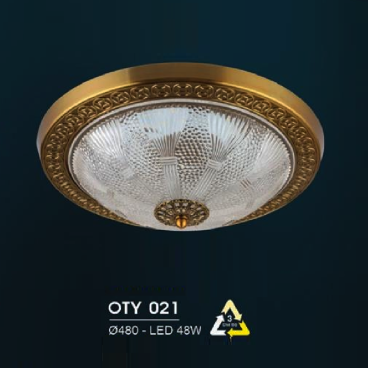 HF - OTY  021: Đèn ốp trần LED chao thủy tinh - KT: Ø480mm - Đèn LED 48W đổi 3 màu