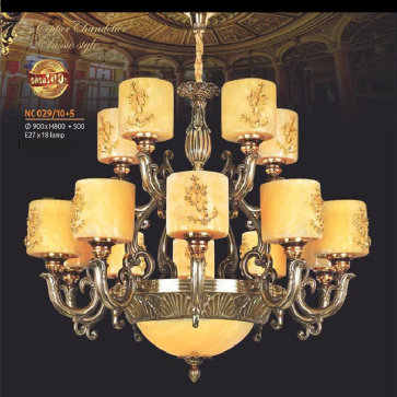 NC 029/10+5:  Đèn chùm đồng chao đá 15 tay, chao đá - KT: Ø900mm x H800mm + 500mm - Đèn chân E 27 x 18 bóng