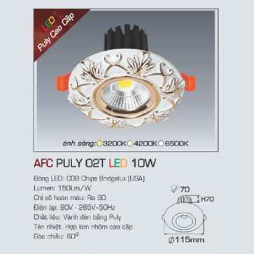 AFC PULY 02T LED 10W: Đèn LED âm trần 10W, 1 chế độ ánh sáng (/vàng/trung tính/trắng)