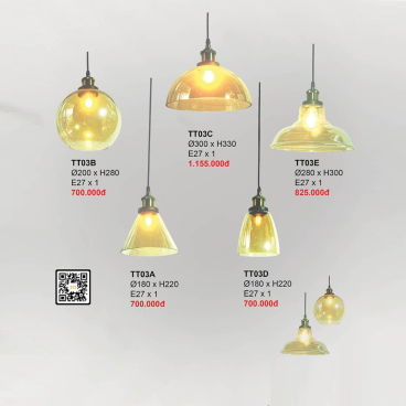 TT03A: Đèn thả chóa thủy tinh màu vàng -  KT: Ø180mm x H220mm - Bop1ng đèn E27 x 1