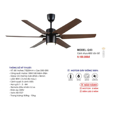 MODEL - Q.03: Quạt trần đèn 6 cánh nhựa ABS