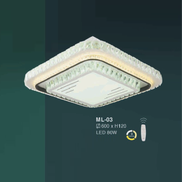 E - ML - 03: Đèn áp trần LED vuông - KT: L600mm x W600mm x H120mm  - Đèn LED 80W  ánh sáng đổi 3 màu - Remote