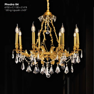 Phedra 04: Đèn chùm đồng nguyên chất 8 tay, hạt Phale - KT: Ø700mm x H1100mm - Bóng đèn chân E14 x 8 bóng