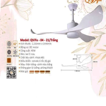 QViFa - 04 - 21/Trắng: Quạt trần đèn 3 cánh Nhựa