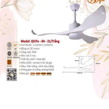 QViFa - 04 - 21/Trắng: Quạt trần đèn 3 cánh Nhựa