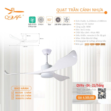 QVifa-04-21/trắng: Quạt trần đèn 3 cánh nhựa ABS