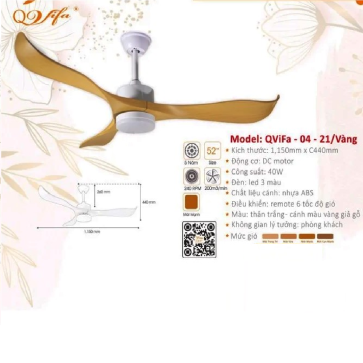 QViFa - 04 - 21/Vàng: Quạt trần đèn 3 cánh Nhựa