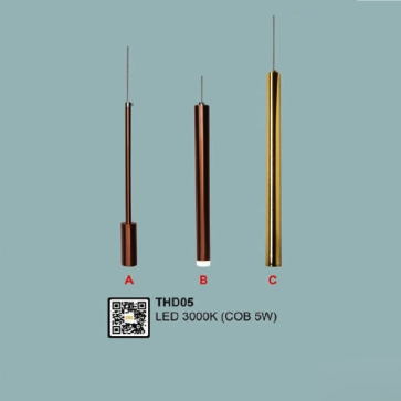 THD05 ( A/B/C): Đèn thả ống LED - KT: Ø30mm x H400mm - Đèn LED COB 5W ánh sáng vàng 3000K