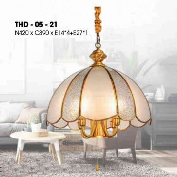 THD - 05 -21: Đèn thả đơn xi mạ đồng - KT: W420mm x H390mm - Đèn E14 x 4 bóng + E27 x 1 bóng