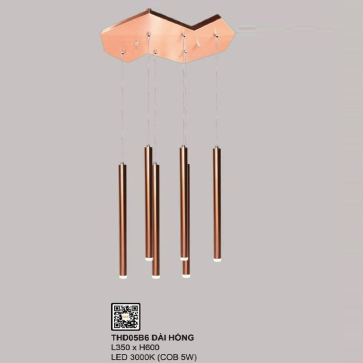 35 - THD05B6 DÀI HỒNG : Đèn thả LED 6 ống màu Hồng - KT: L350mm x H430mm - Đèn LED COB 5W ánh sáng vàng 3000K