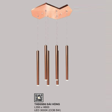35 - THD05B6 DÀI HỒNG : Đèn thả LED 6 ống màu Hồng - KT: L350mm x H430mm - Đèn LED COB 5W ánh sáng vàng 3000K