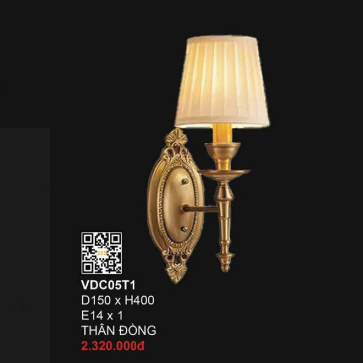 VDC05T1: Đèn gắn tường đồng đơn - KT: Ø150mm x H400mm - Bóng đèn chân E14 x 1