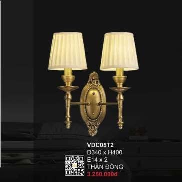 VDC05T2: Đèn gắn tường đồng đôi - KT: W340mm x H400mm - Bóng đèn chân E14 x 2