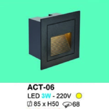 HF -  ACT - 06: Đèn âm tường/ âm bậc cầu thang - KT: 85mm x 85mm  x H50mm - Lổ khoét: Ø68mm - Đèn LED 3W - 220V ánh sáng vàng
