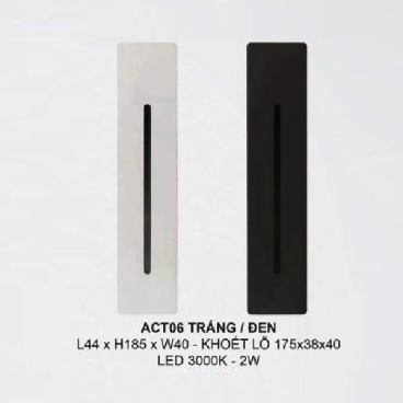 35 - ACT06 TRẮNG/ĐEN: Đèn âm tường/âm bậc cầu thang màu Trắng/Đen - KT: L44mm x W40mm x H185mm - Lổ khoét: L40mm x W38mm x H175mm - Đèn LED 2W ánh sáng vàng: