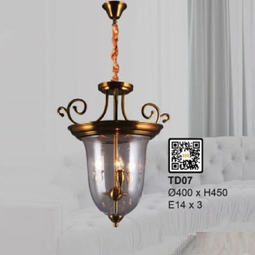 35 - TD07: Đèn thả đồng, chao thủy tinh  - KT: W400mm x H450mm - Bóng đèn E14 x 3 bóng
