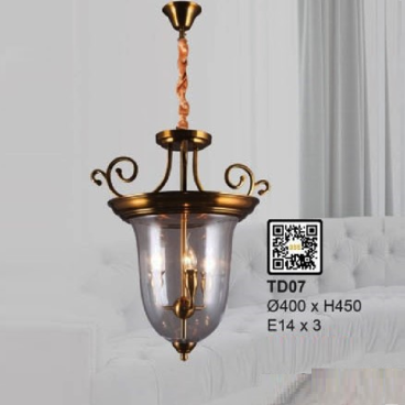 35 - TD07: Đèn thả đồng, chao thủy tinh  - KT: W400mm x H450mm - Bóng đèn E14 x 3 bóng