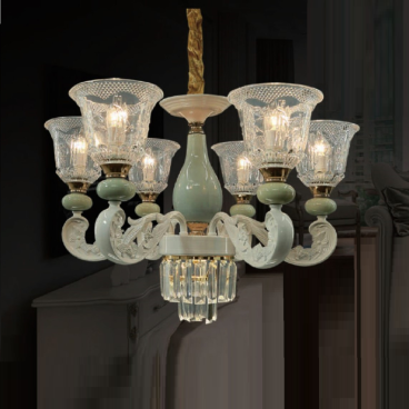 CODE: DC07/6: Đèn chùm 6 tay chao thủy tinh - KT: Ø660mm x H500mm - Bóng đèn E14 x 6 bóng + Đèn LED chao đáy