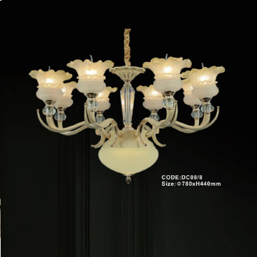 CODE: DC08/8: Đèn chùm 8 tay chao thủy tinh - KT: Ø780mm x H440mm - Bóng đèn E14 x 8 bóng