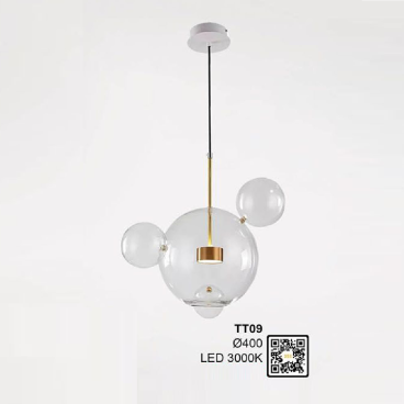 TT09: Đèn thả chóa thủy tinh trong - KT: Ø400mm - Đèn LED ánh sáng vàng 4000K