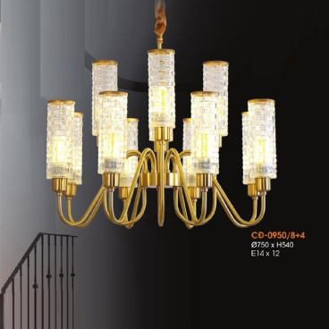 VE - CĐ - 0950/8+4: Đèn chùm 12 tay thân đồng, chao thủy tinh - KT: Ø750mm x H540mm - Bóng đèn E14 x 12 bóng