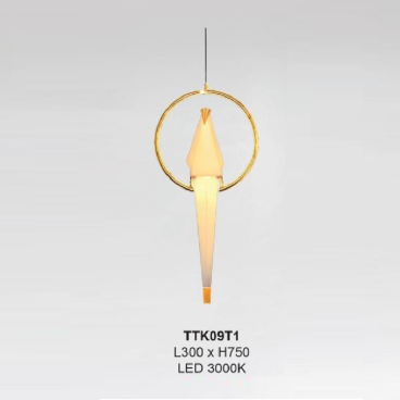 TTK09T1: Đèn thả 1 bóng - KT: L300mm x H750mm - Đèn LED ánh sáng vàng 3000K
