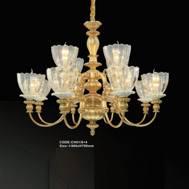 CODE: CH01/8+4: Đèn chùm 12 tay, chao thủy tinh - KT: Ø900mm x H700mm - Bóng đèn E14 x 12 bóng