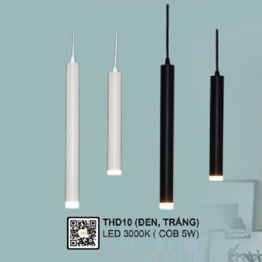 THD10: Đèn thả ống LED ( Đen/Trắng) - KT: Ø40mm x H400mm - Đèn LED COB 5W ánh sáng vàng 3000K