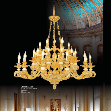 S - CĐ 10012/31: Đèn chùm đồng xi vàng 31 tay - KT: Ø1180mm x H1200mm +500mm - Bóng đèn E14 x 31 bóng