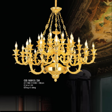 S - CĐ 10013/30: Đèn chùm đồng  xi vàng 30 tay - KT: Ø1180mm x H1150mm + 500mm - Bóng đèn E14 x 30 bóng
