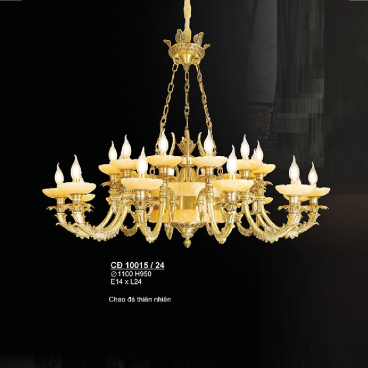 S - CĐ 10015/24: Đèn chùm đồng chao đá thiên nhiên 24 tay - KT: Ø1100mm x H950mm  - Bóng đèn E14 x 24 bóng