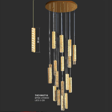 35 -THD1002T18: Đèn thả dây thanh thuỷ tinh - KT: Ø700mm  x H3000mm - Đèn LED đổi 3 màu