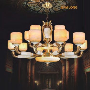 NC 1008/15: Đèn chùm đồng, chao đá - KT: Ø1000mm x H550mm + 600mm - Bóng đèn E27 x 15 bóng