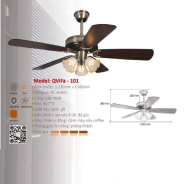 QViFa - 101: Quạt trần đèn 5 cánh gỗ công nghiệp, chao thủy tinh
