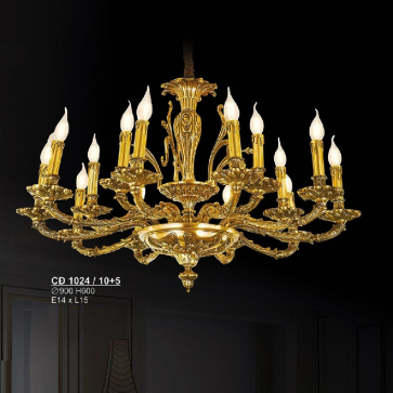 S - CĐ 1024/10+5: Chùm đồng 15 tay - KT: Ø900mm x H600mm - Đèn chân E14 x 15 bóng