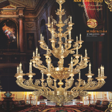 NC 1025/40 (16+12+8+4):  Đèn chùm đồng 40 tay - KT: Ø1500mm  x H 1000mm + 1000mm - Bóng Đèn chân E14 x 40 bóng