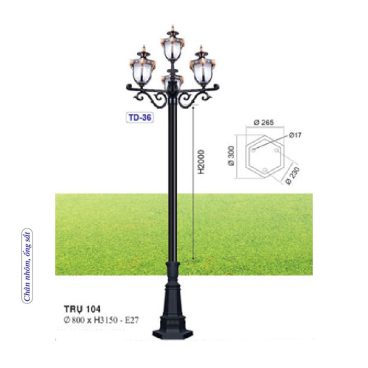 TRỤ 104: Đèn trụ sân vườn chất liệu hợp kim 4 bóng