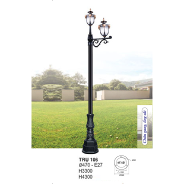TRỤ 106: Đèn trụ sân vườn chất liệu hợp kim 2 bóng - Cao 3300mm