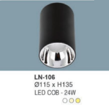 LN - 106: Đèn lon LED COB 24W gắn nổi, 1 chế độ ánh sáng (trắng/trung tính/vàng)