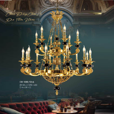 CĐ 1085/12 +6 : Đèn chùm đồng 18 tay - KT: Ø1100mm x H1170mm + 450mm - Bóng đèn nến E14 x 21 bóng