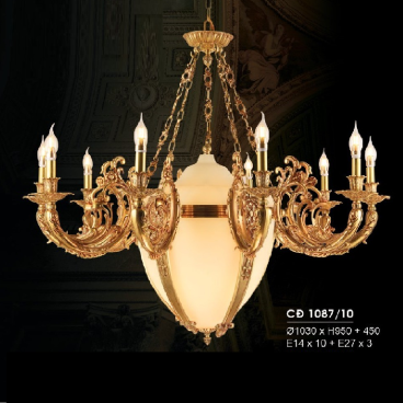 HF - CĐ 1087/10: Chùm đồng 10 tay chao đá - KT: Ø1030mm  x H950mm + 450mm - Bóng đèn E 14 x 10 bóng +E 27 x 3 bóng
