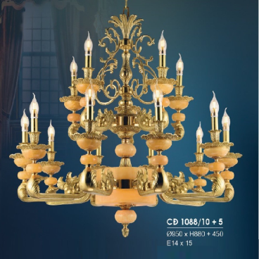 HF- CĐ 1088/10+5: Chùm đồng 15 tay, chao đá - KT: Ø950mm x H880mm + 450mm - Đèn chân E14 x 15 bóng