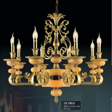 HF- CĐ 1088/8: Chùm đồng 8 tay, chao đá - KT: Ø830mm x H730mm + 450mm - Bóng đèn chân E14 x 8 bóng