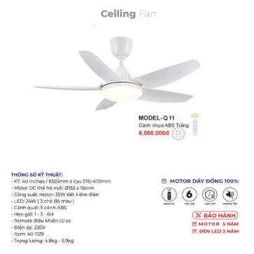 MODEL - Q.11: Quạt trần đèn 5 cánh nhựa ABS