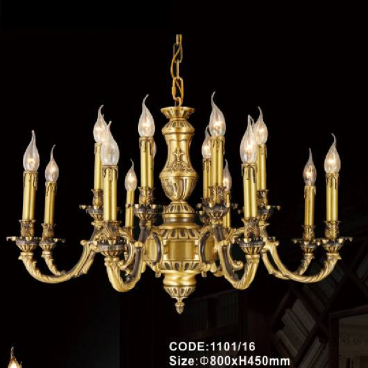 CODE:1101/16:  Đèn chùm đồng 16 tay - KT: Ø 800mm x H450mm - Bóng đèn chân E14 x 16 bóng
